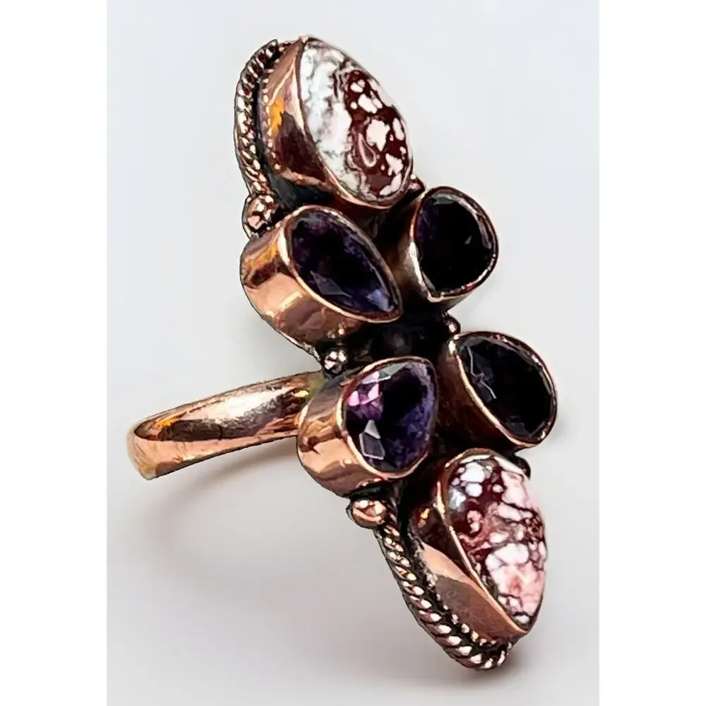 Wild Horse Turquoise Amethyst Copper Cluster SW Statement Ring Adj Sz Handmade